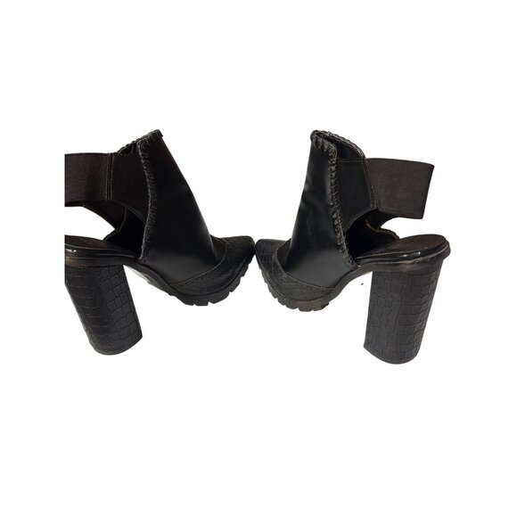 Asos 6 Black Faux Leather Croc Embossed Block Heeled Ankle Boots With Elastic St - Picture 6 of 8